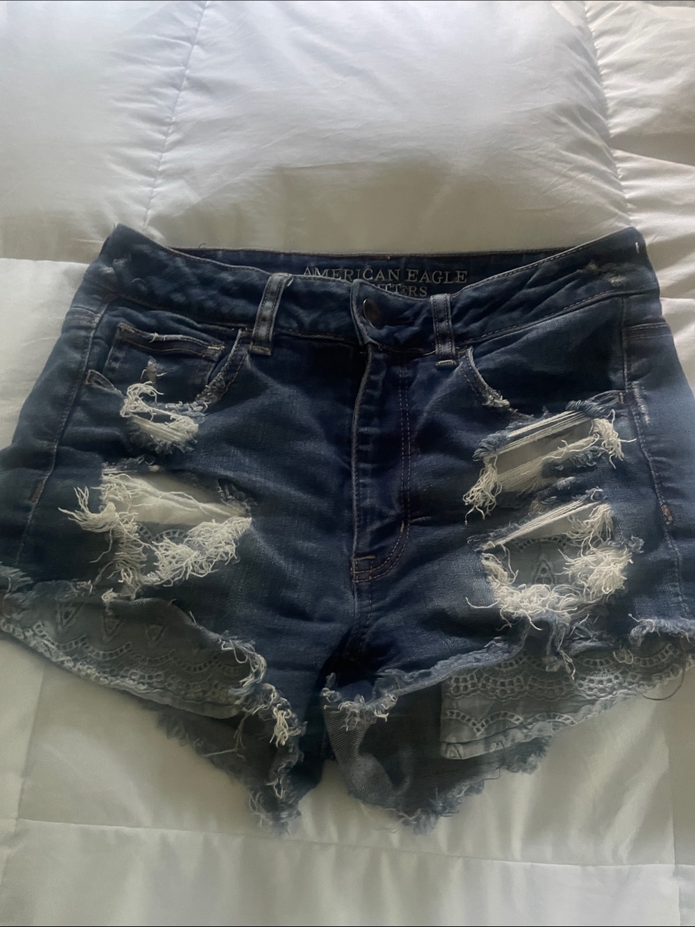 American Eagle Outfitters Dark Blue Distressed Denim Shorts with Lace Trim